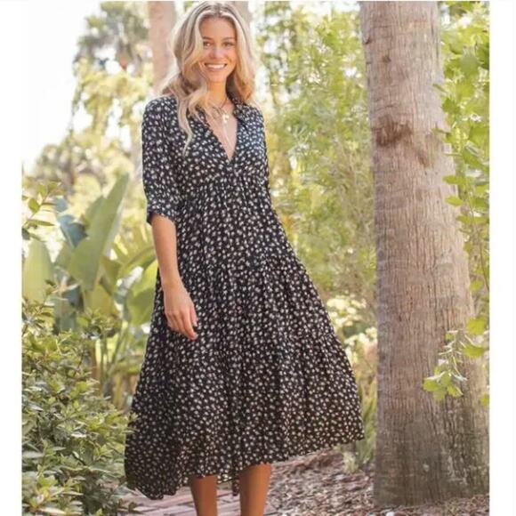 NATURAL LIFE Rebecca Midi / Maxi Dress Black Cream Roses Sz M {TT40} - Picture 1 of 5